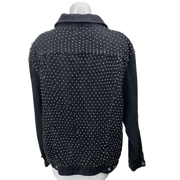 Topshop Black Rhinestone Embellished Button Denim Jeans Moto Coat Jacket Size 10 - Picture 2 of 6
